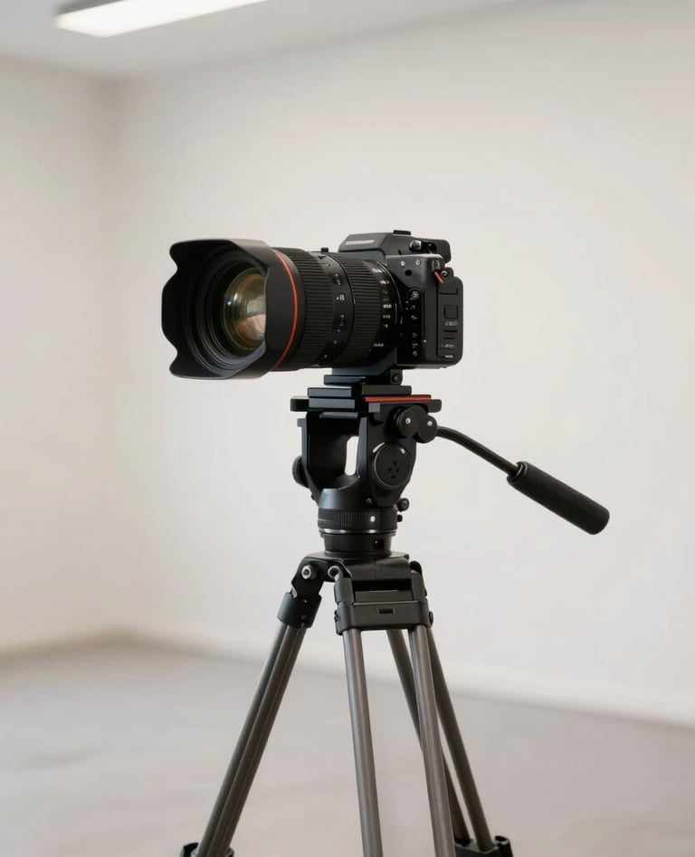 Behind-the-scenes shot of a professional camera setup with a 360-degree lens on a tripod, positioned in a bright, modern studio with off-white walls and light grey floors. The atmosphere is professional and high-tech.