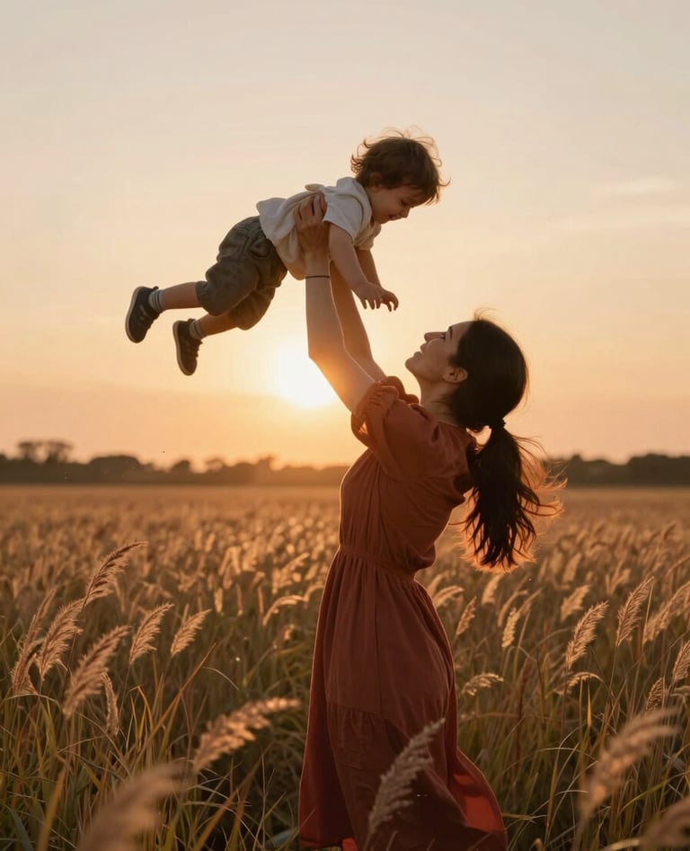 A large vertical photograph of a young mother lifting her child in the air amidst a field of tall grass. The sun is setting behind them, creating a brilliant rim-light effect. The color palette is dominated by warm soft sand and deep terracotta. Authentic and full of motion.