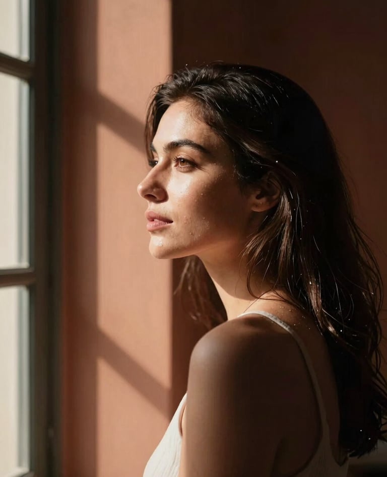A lifestyle photography shot of a woman looking out a window with warm charcoal shadows and bright terracotta sunlight hitting her face, cinematic composition, authentic and peaceful mood.