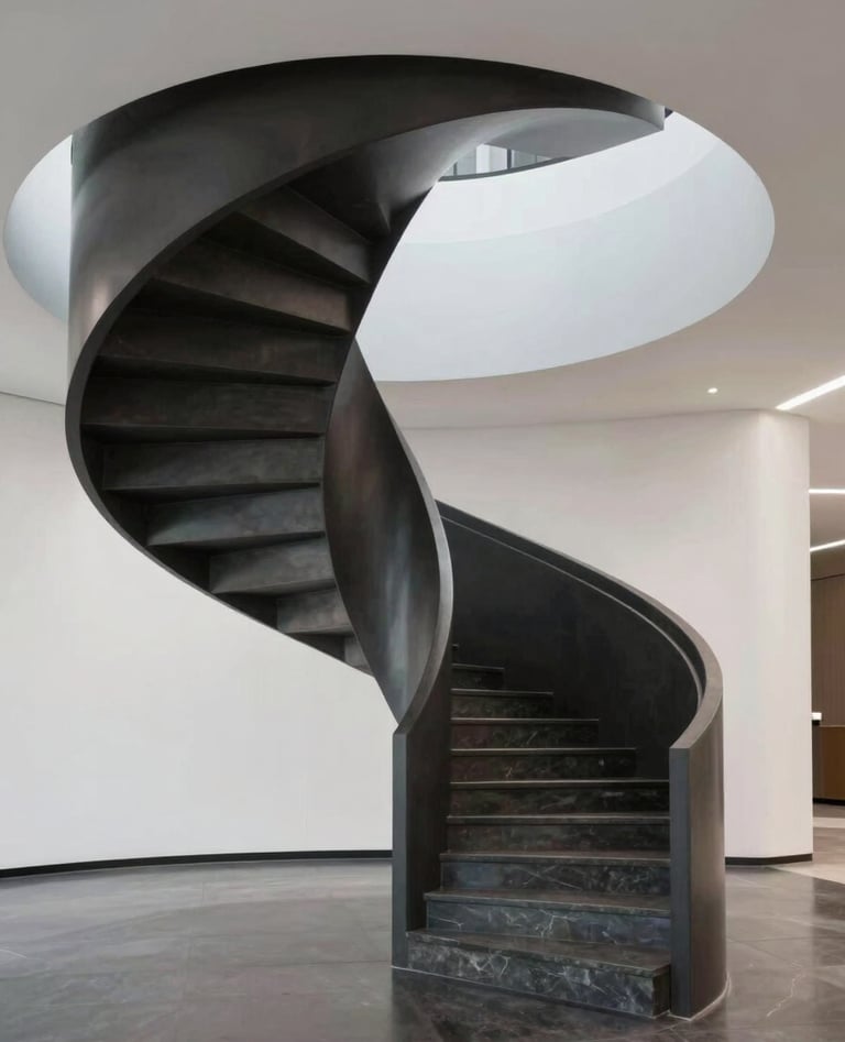 A dramatic interior shot of a spiral staircase in a corporate lobby. The stairs are made of polished dark stone in #2F2E2E, contrasting with the #FBF9F6 white walls. The composition is clean, centered, and reflects sophisticated professionalism.