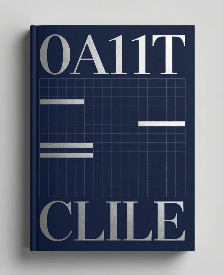 A high-end editorial book design featuring complex grid systems and experimental typography. The cover is a deep #0A1118 with silver foil accents. The composition is sleek and minimalist, shot against a neutral #ECF0F1 background.