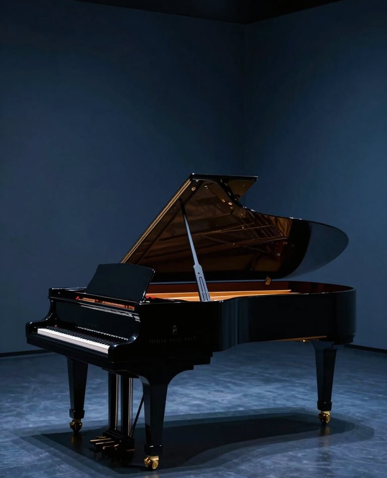 Atmospheric photography of a grand piano in a dark, minimalist hall, captured with a cinematic wide-angle lens and subtle deep blue stage lighting. International / Global.