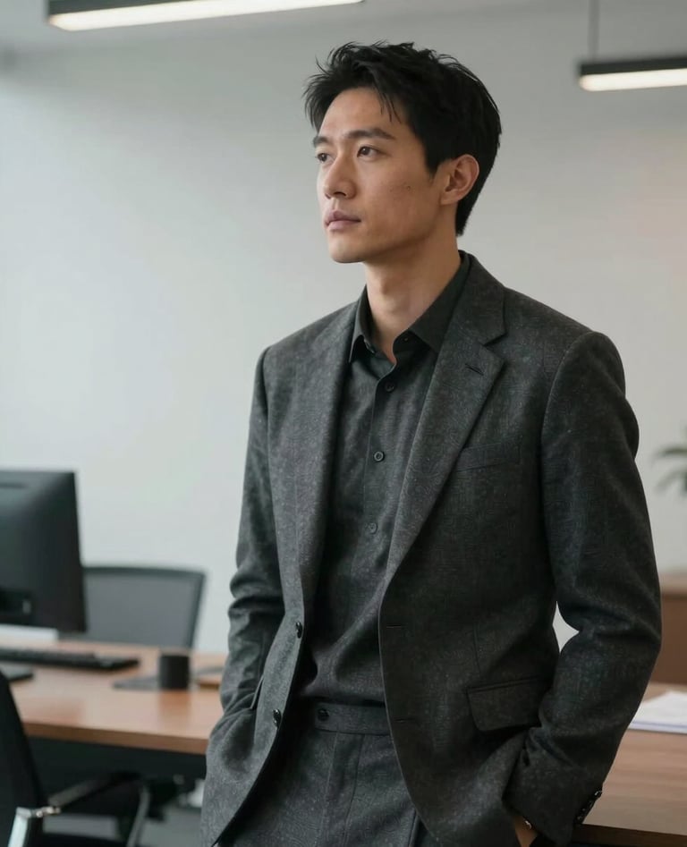 A portrait of a creative professional in a sophisticated, minimalist North American / US office setting, dressed in sharp, high-fashion charcoal clothing, looking confidently into the distance, soft studio lighting.