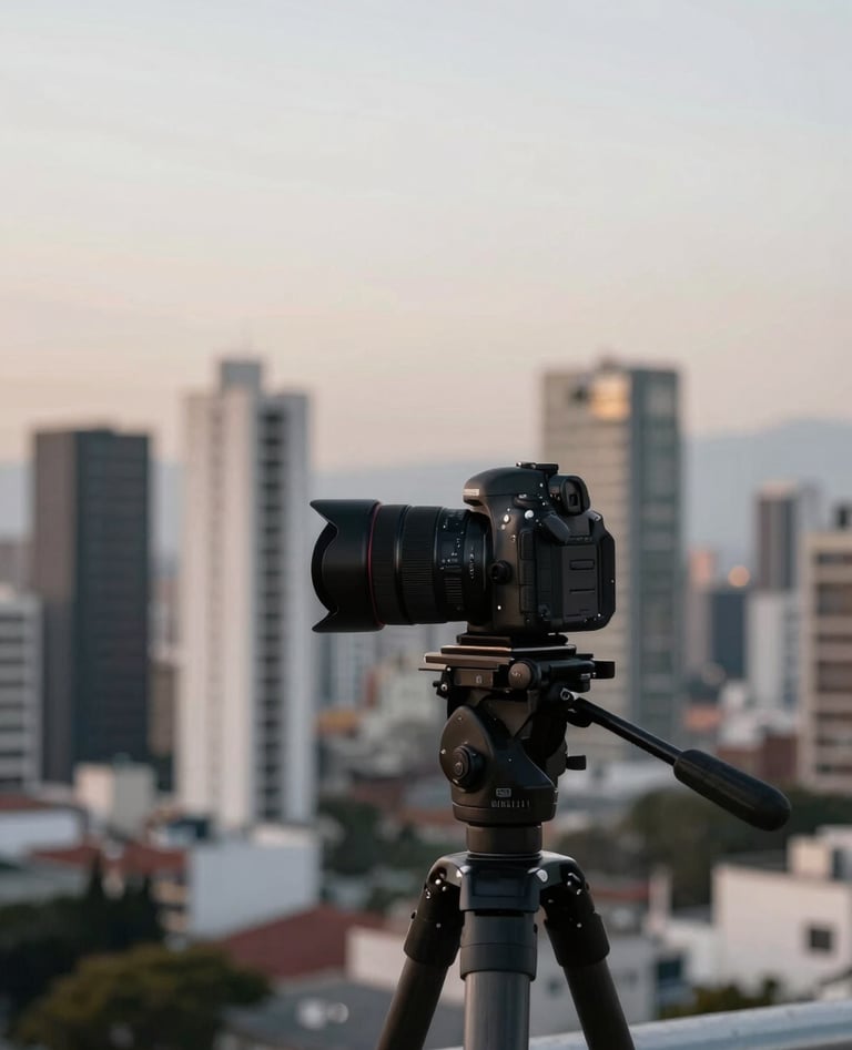 A professional camera setup on a tripod overlooking a modern Latin American / Hispanic city skyline during twilight, with soft off-white and slate blue-grey lighting.