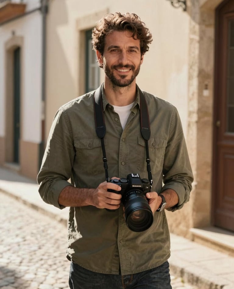 A professional portrait of a lifestyle photographer with a friendly expression, standing on a traditional Portuguese street with soft sand-colored stone walls. He is holding a modern camera. Cinematic lighting, warm sunny atmosphere, and a professional yet approachable mood.