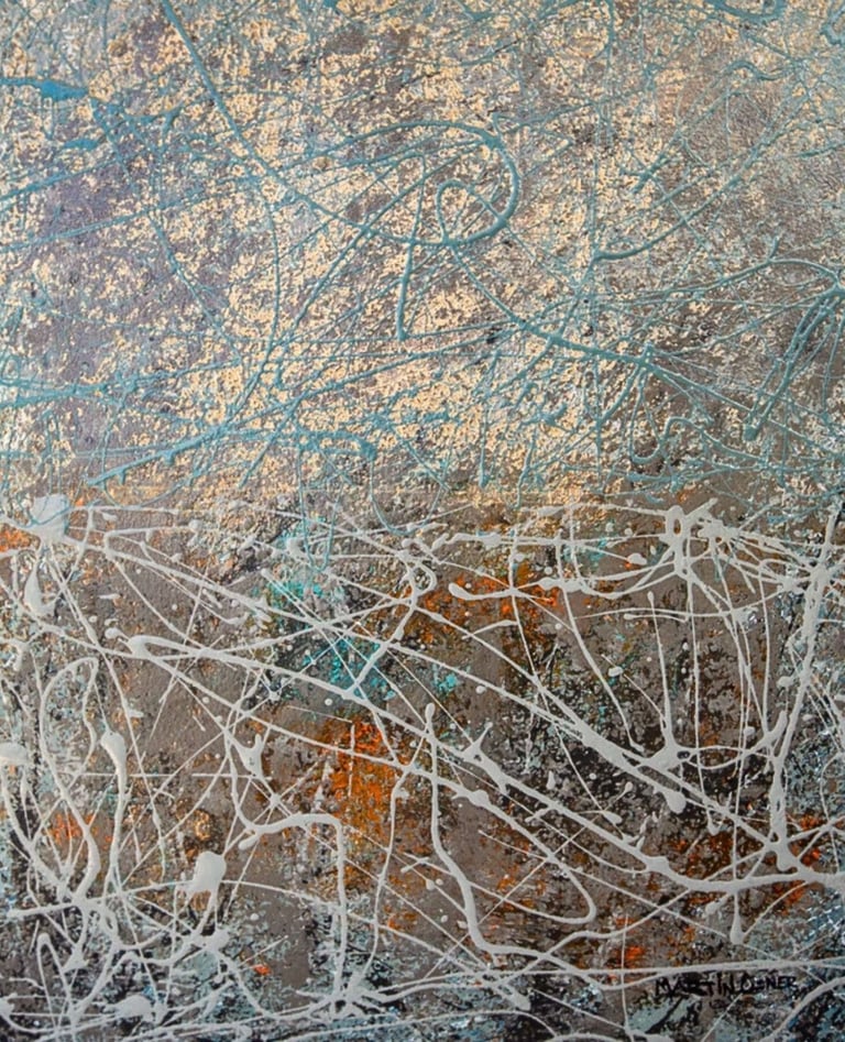 Abstract painting with layered metallic silver and copper textures overlaid by expressive turquoise and white paint splatters