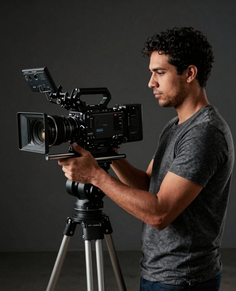 A professional South American Brazilian male filmmaker holding a high-end cinema camera, standing in a dark, minimalist studio. Dramatic side lighting, creating strong shadows and highlights, conveying technical expertise and an artistic eye.