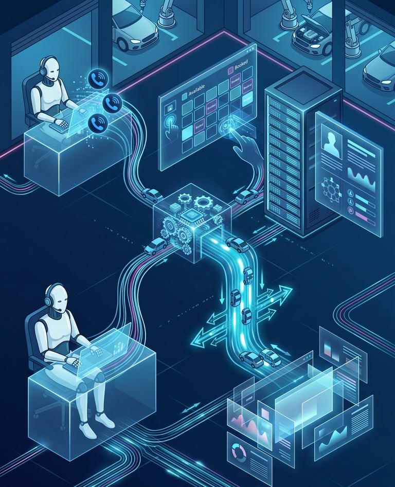 A modern garage communication workflow visual showing an AI receptionist answering inbound customer 