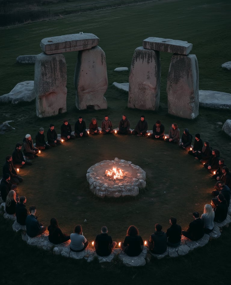 cercle de femmes à la tombée de la nuit, autour du feu, aux pieds de dolmens