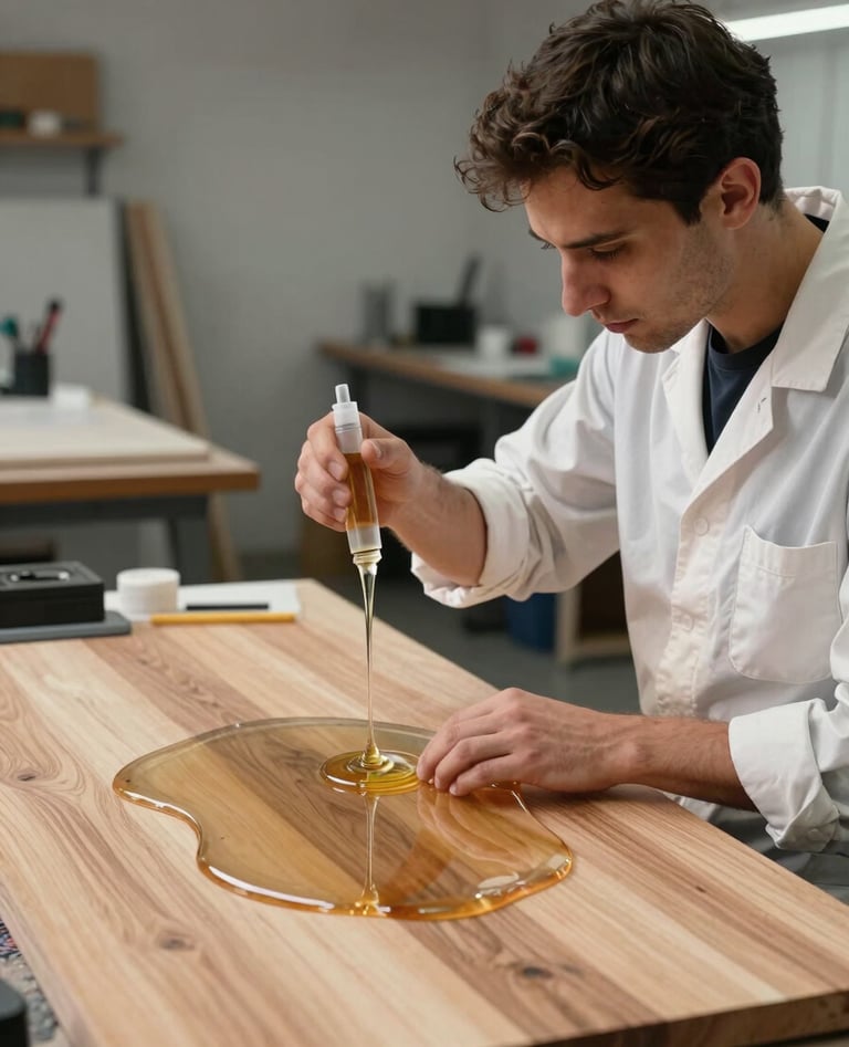 A professional artist in an International / Global studio, seen from the side, meticulously pouring liquid resin onto a large wooden board, wearing clean work attire.