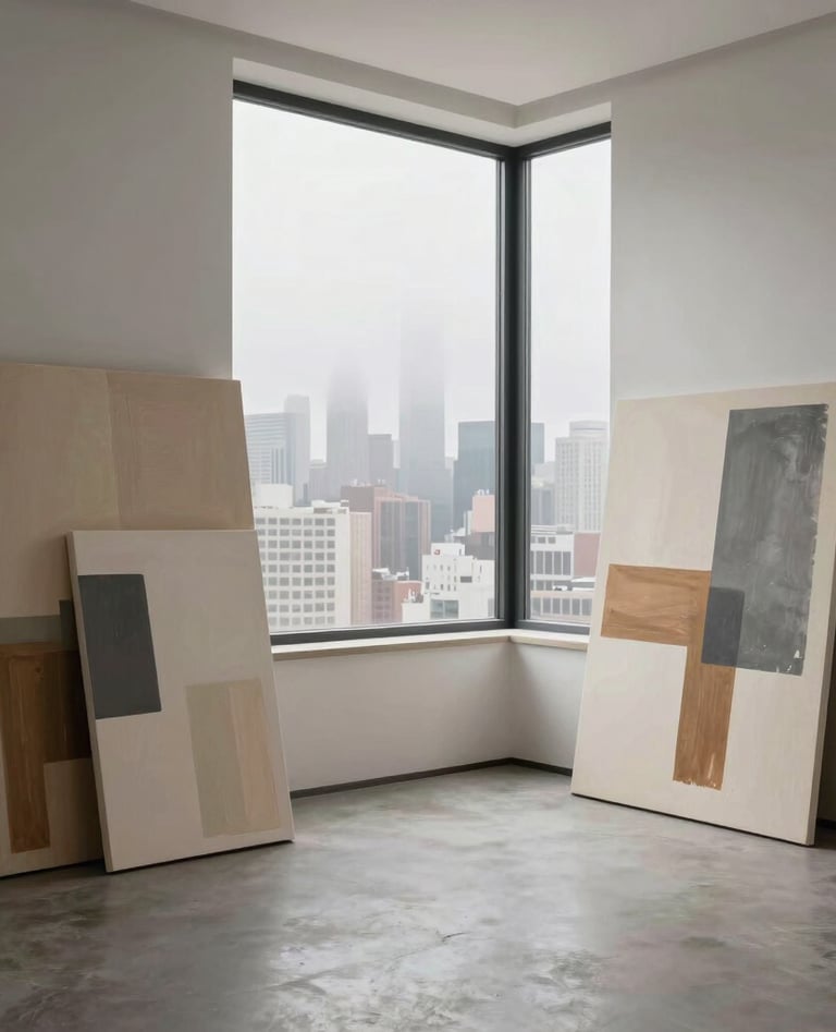 A cinematic wide shot of a creative workspace with a large window overlooking a misty city skyline. Large abstract canvases lean against the walls in soft tan and warm grey tones. High-end, clean, and sophisticated International / Western interior.