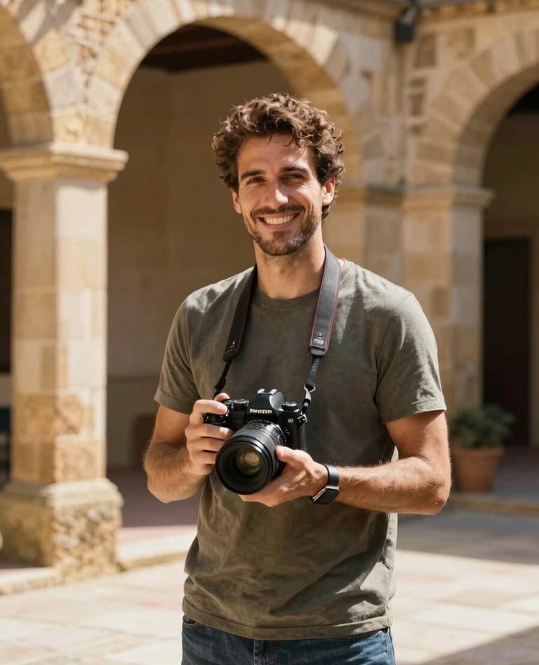 A natural portrait of a photographer smiling, holding a camera, standing in a sunlit Iberian courtyard with warm-toned stone walls. The lighting is bright and inviting, reflecting an authentic and professional lifestyle aesthetic.