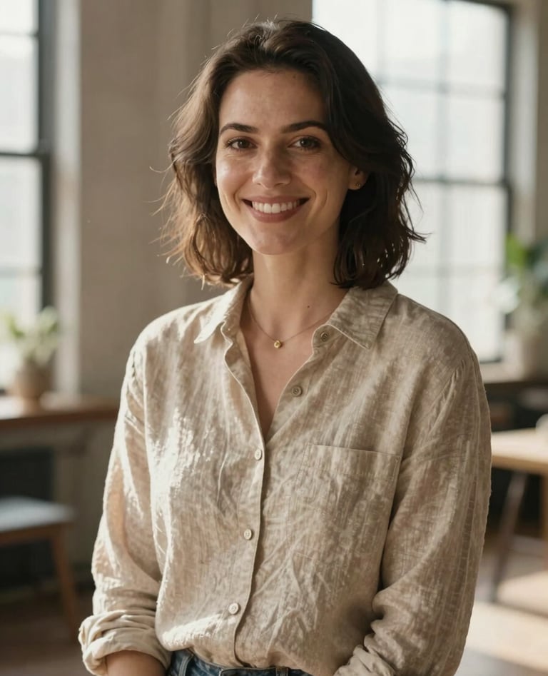 A professional portrait of a friendly female photographer in a sun-lit North American / US loft studio. She is wearing a soft sand linen shirt and smiling warmly. The composition is cinematic with a shallow depth of field, using natural window light.