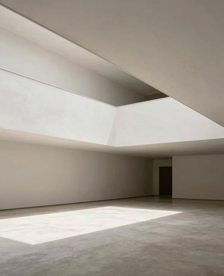 Clean, wide-angle shot of an architectural project in Brazil, focusing on the relationship between light and space. Neutral palette of soft off-white and light grey.