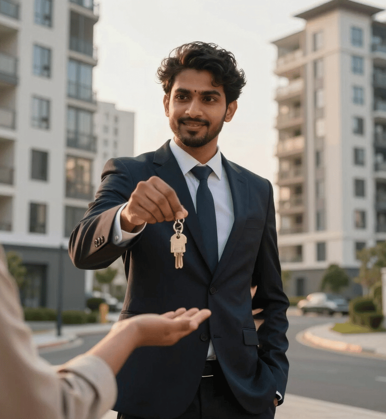 A professional property manager handing over keys to a client in front of a modern South Asian residential building complex. The lighting is golden hour, highlighting a sense of achievement and reliability.