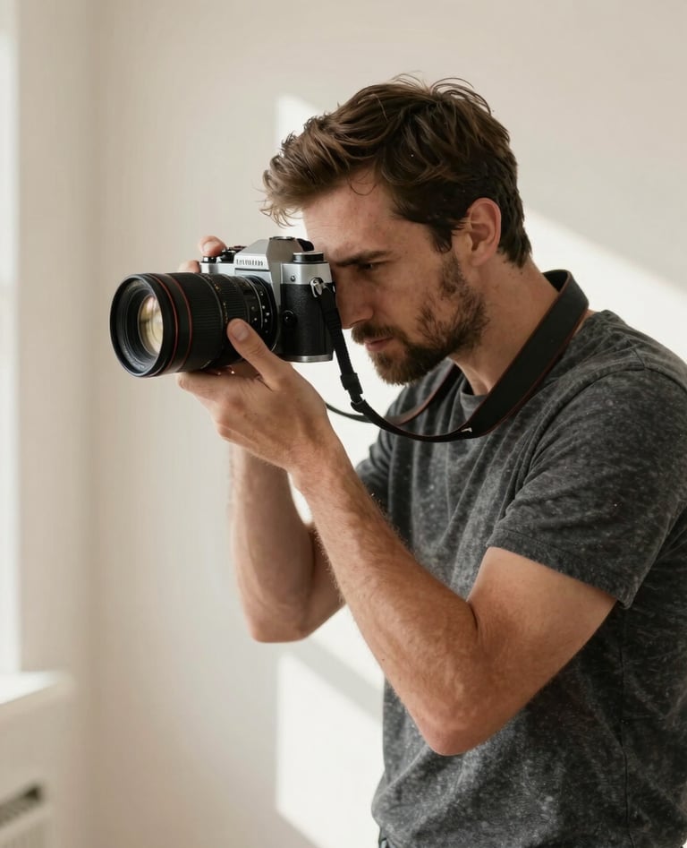 A professional photographer with a vintage-style camera, working in a sunlit North American studio with cream-colored walls. The style is clean and sophisticated, focusing on the artist's dedication to the craft of portraiture.