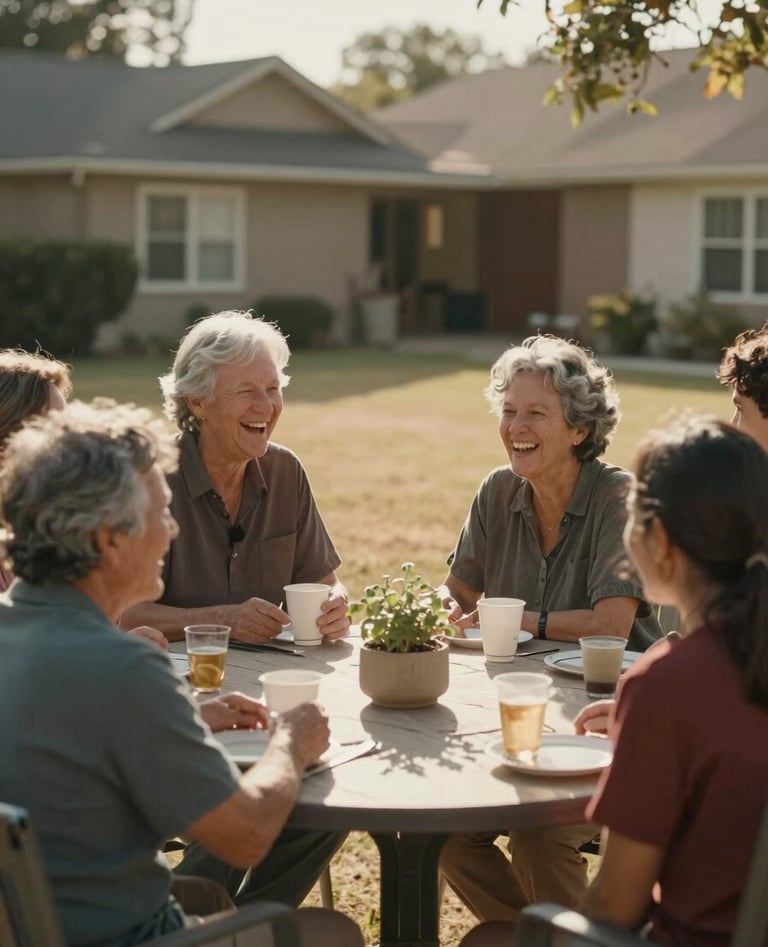 A candid medium shot of a multi-generational family laughing together at an outdoor table in a North American / US backyard. Warm sunlight, cinematic style, with soft sand and warm brown tones.