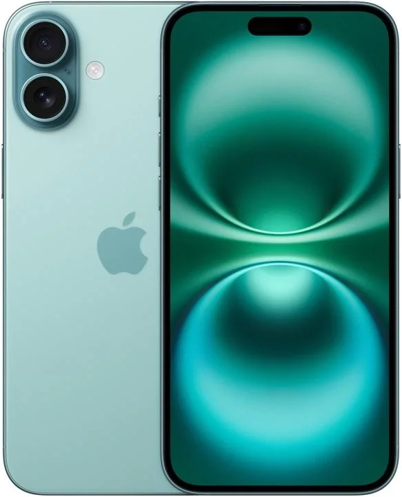 Promoção iPhone 16 e iPhone 16 Plus na cor verde-acinzentado (Teal).