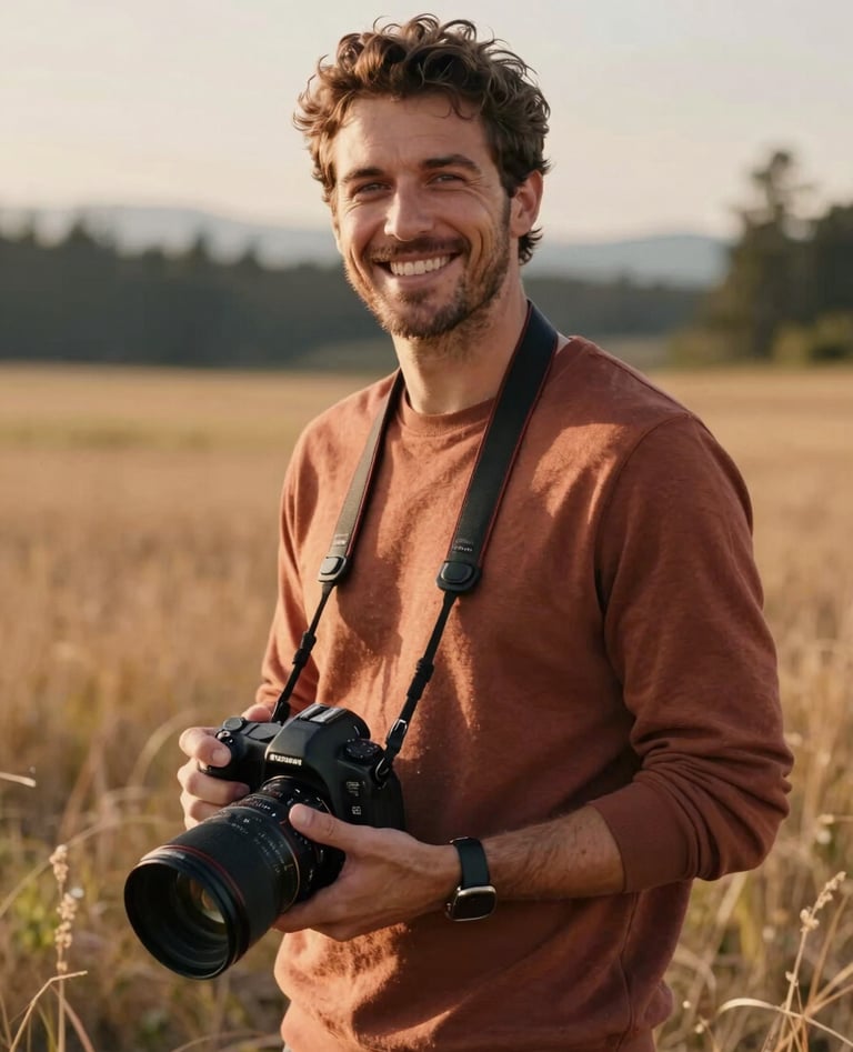 A lifestyle portrait of a friendly photographer with a warm smile, standing in a sun-drenched field in the North American Pacific Northwest, cinematic lighting with Terracotta and Soft Sand tones.