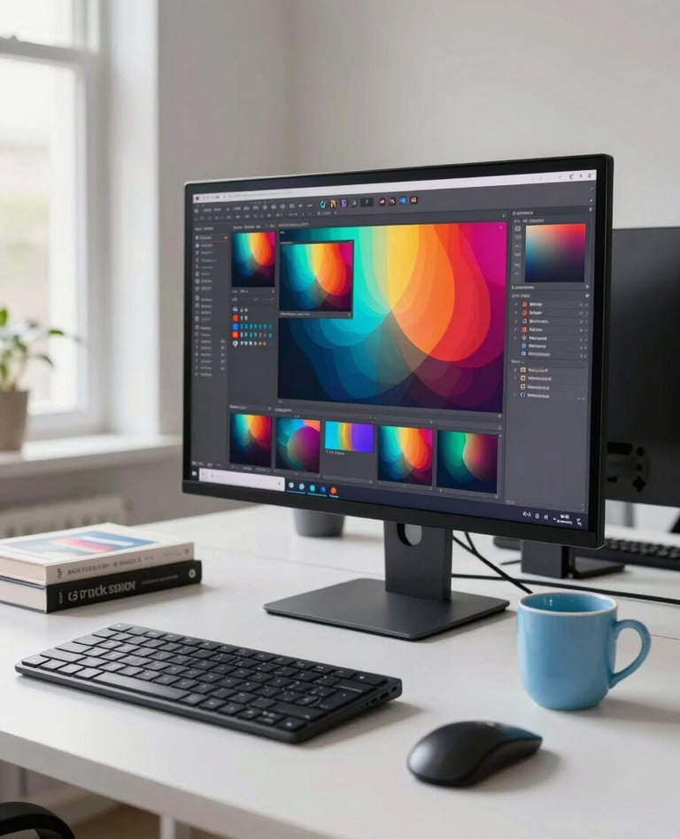 A wide-angle shot of a bright, modern International / Western graphic design workspace. A large monitor displays vibrant creative work. The desk is organized with a few design books and a Soft Sky Blue ceramic cup. Natural light fills the room.