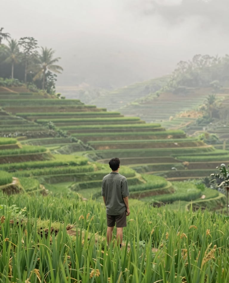 A minimalist and elegant shot of a traveler looking over the lush Tegallalang Rice Terrace. Serene atmosphere, early morning mist, featuring a natural color palette of greens and soft #F8F5EF light.