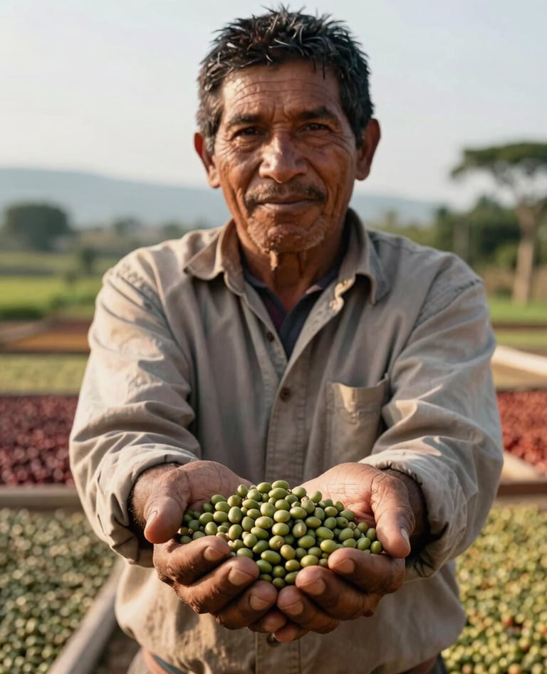 A portrait of a weathered but proud coffee farmer's hands holding a handful of raw green coffee beans. The hands show a lifetime of craftsmanship. South American / Latin context, authentic attire, soft afternoon lighting in a drying yard.