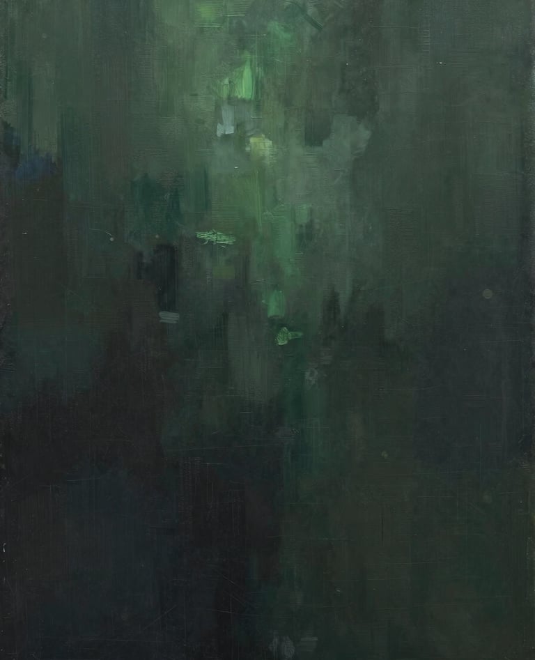 A contemplative abstract painting featuring a deep #1A1A1A base with ethereal strokes of #6B705C green. The composition is off-center, drawing the viewer into a sense of calm and wonder. Style is elegant and modern.