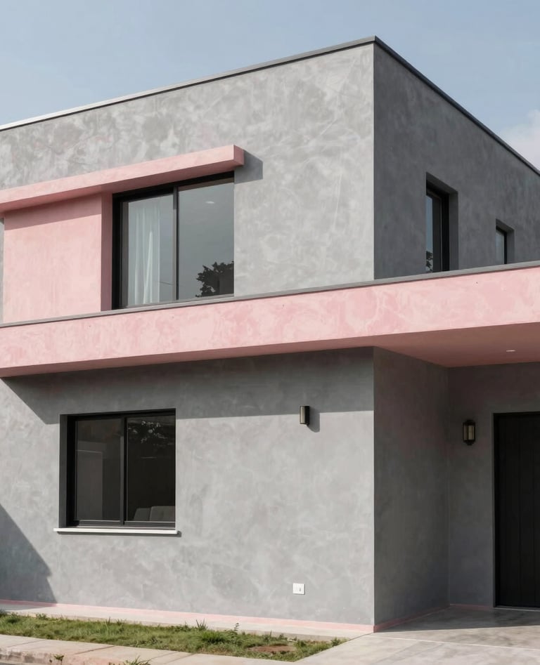 Clean, modern facade of a contemporary Latin American home, showing the transition from grey work to finished plaster with soft pink and black architectural details, daylight, professional photography.