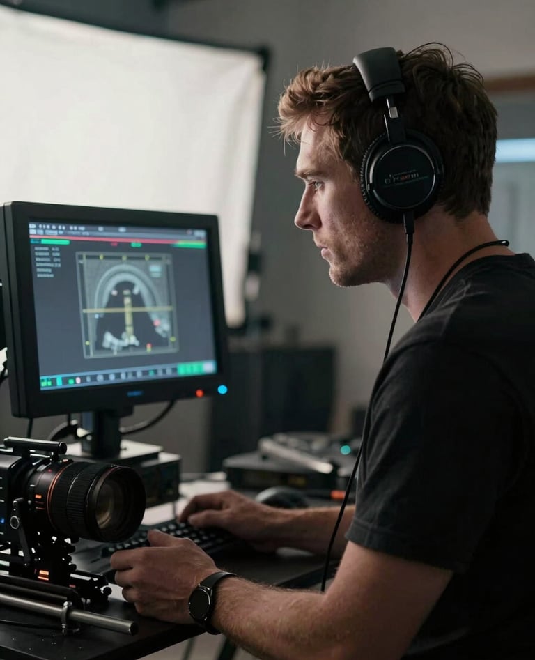 A cinematic shot of a film director wearing headphones, looking at a production monitor on a professional North American movie set, moody atmosphere with soft white and deep black contrasts.