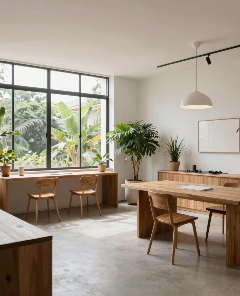 A wide, bright minimalist design studio in Brazil with large windows, green plants, and clean wooden furniture, shot in a professional architectural photography style.