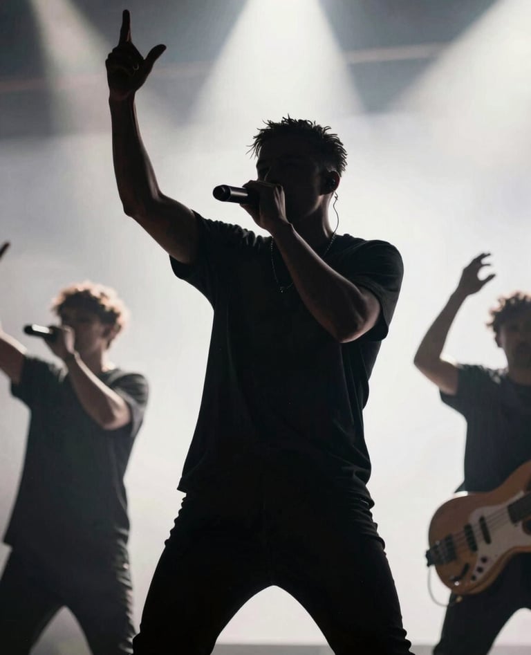 Action shot of P.E.P YLS performing on stage with dramatic backlighting and silhouettes. The energy is powerful and confident, utilizing a palette of #0A0A0A and #F5F5EB for contrast.