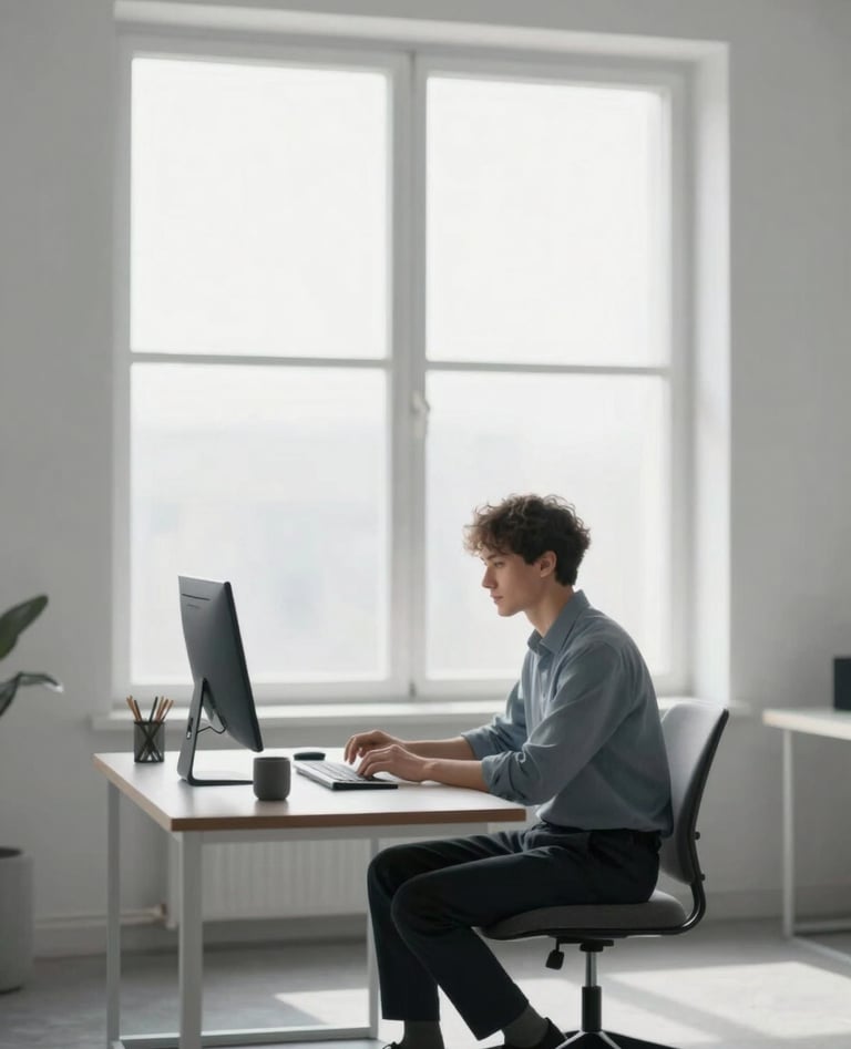A minimalist studio interior featuring a large window. A creative professional is seen in a moment of focused work at a sleek desk. The mood is clean and inviting with primary colors #E0E1DD and #778DA9.