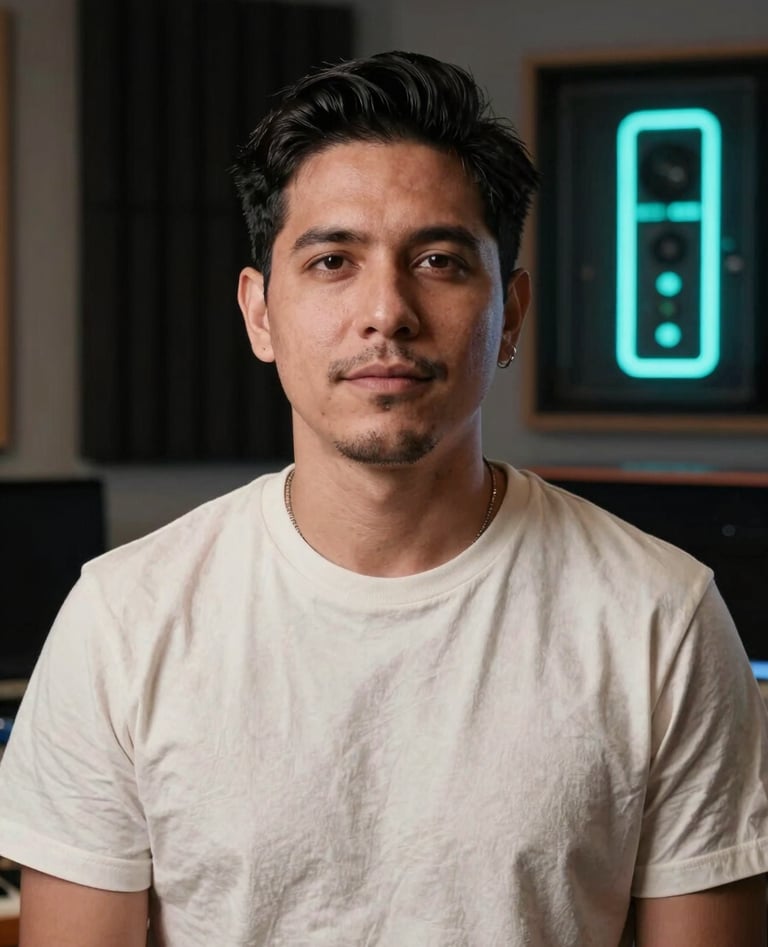 Professional portrait of a male producer in a modern South American / Colombian music studio. Soft off-white light on his face, background with midnight black acoustics and neon cyan gear lights.