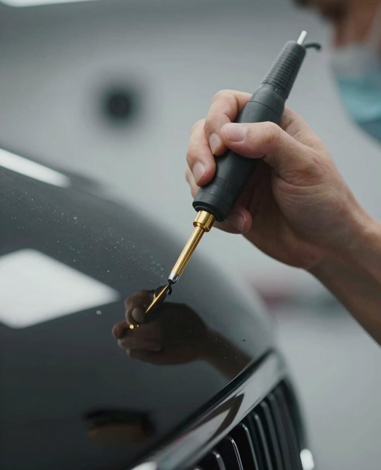 Close up of a professional PDR technician's hand using a specialized gold-colored rod tool to massage a dent out of a luxury vehicle. Sharp focus on the tool and the craftsman's precision.
