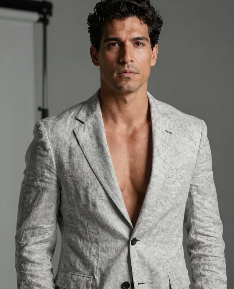 High-fashion portrait of a South American / Brazilian man with a charismatic expression, wearing a sophisticated light gray linen suit, modern minimalist studio background with soft directional lighting, professional photography.