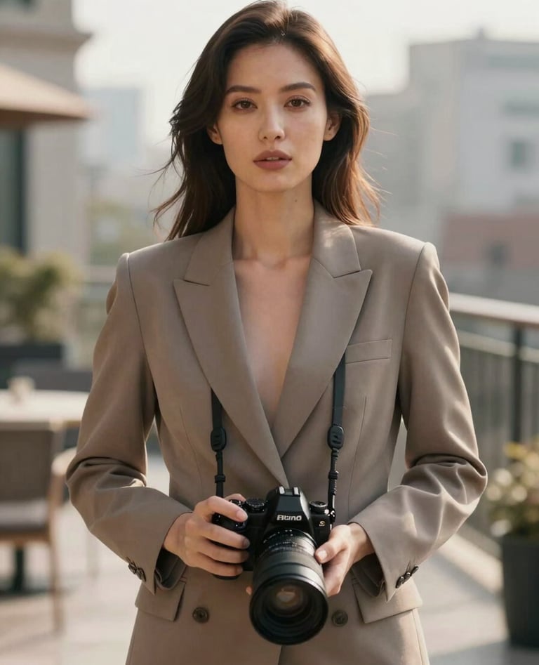 A professional portrait of a woman with a camera, exuding confidence and grace. She is wearing a structured earthy taupe blazer. The background is a blurred North American / European urban terrace in soft morning light.