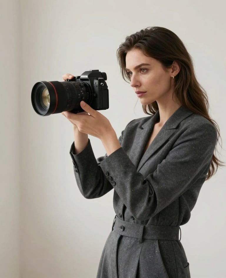 Professional portrait of a female photographer in a sleek charcoal grey outfit, holding a high-end camera, standing in a bright minimalist studio with soft off-white walls, sophisticated composition, International / Professional.