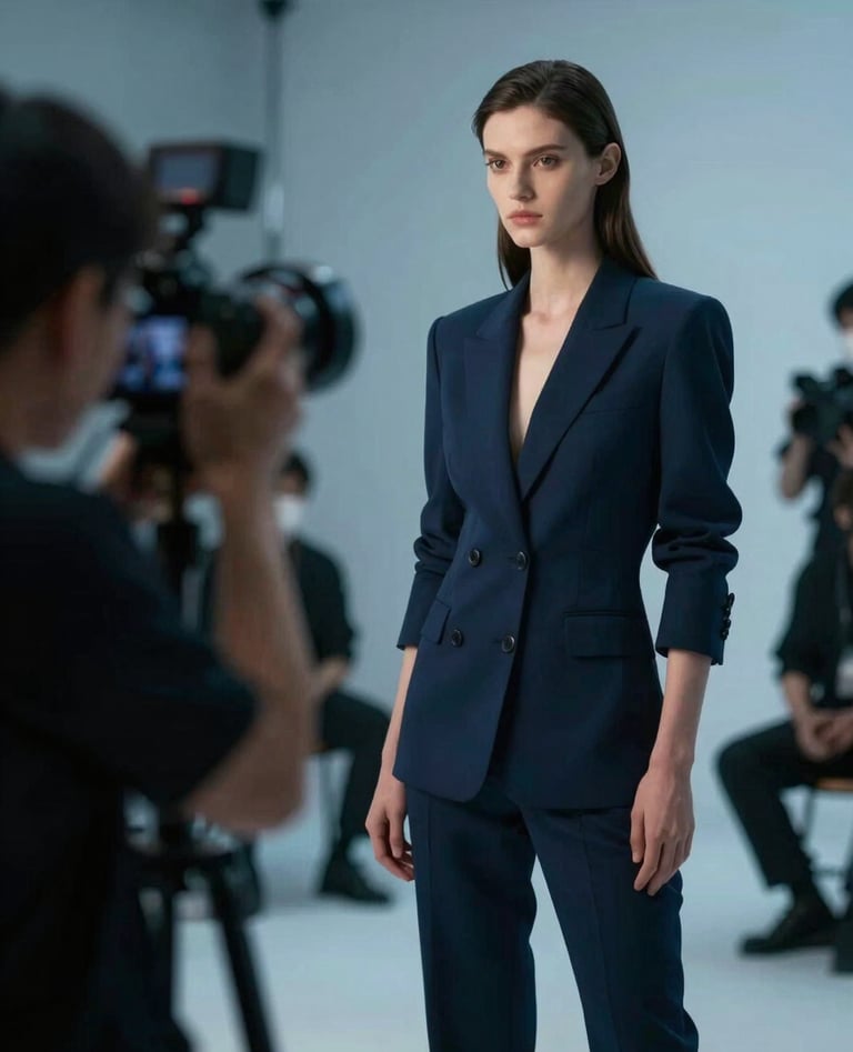 A professional fashion photoshoot in progress for a film campaign. A model posing with a cinematic background, a photographer using high-end gear. Style is modern and artistic with a focus on #0B1E22 and #1A5E63 tones.