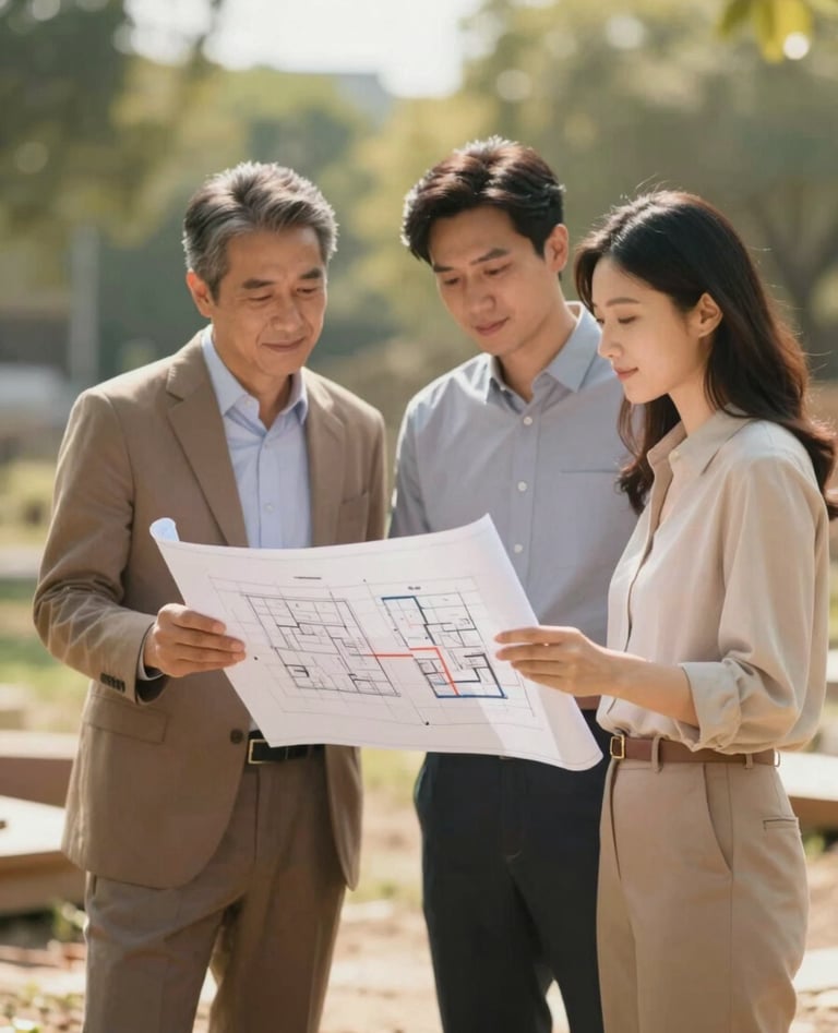 A warm, candid shot of an architect and a couple reviewing plans together on a site. The environment is sun-drenched and natural, emphasizing a professional yet personal storytelling approach with a palette of #B85C3D and #F9F6EE.