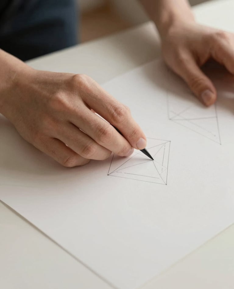 A minimalist close-up of a designer's hands precisely arranging geometric brand sketches on a light gray-beige surface (#F8F8F4). Soft, natural lighting enhances the sense of craftsmanship and professional detail.