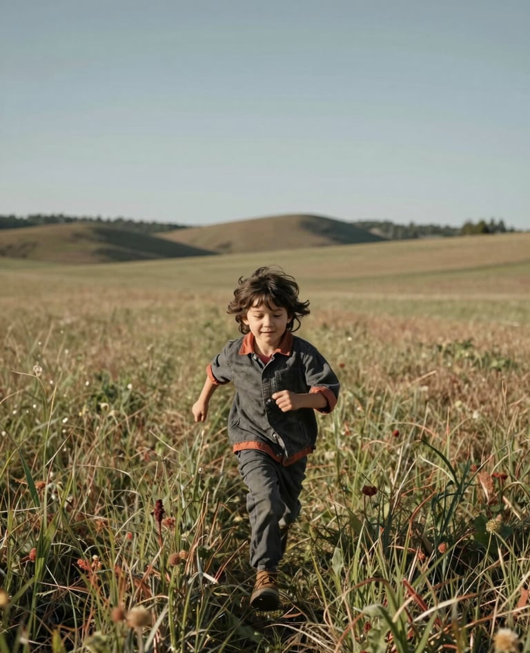 A wide-angle cinematic shot of a young child running through a sun-drenched field in a North American rural setting. The image uses charcoal and terracotta accents in the clothing and landscape.