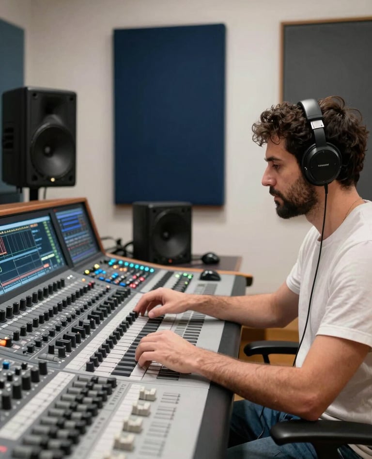 A professional sound engineer in a Southern European / Spanish studio environment, working at a large digital workstation. The shot is clean and modern, using a palette of dark navy blue and soft off-white, conveying trust, reliability, and cutting-edge expertise.