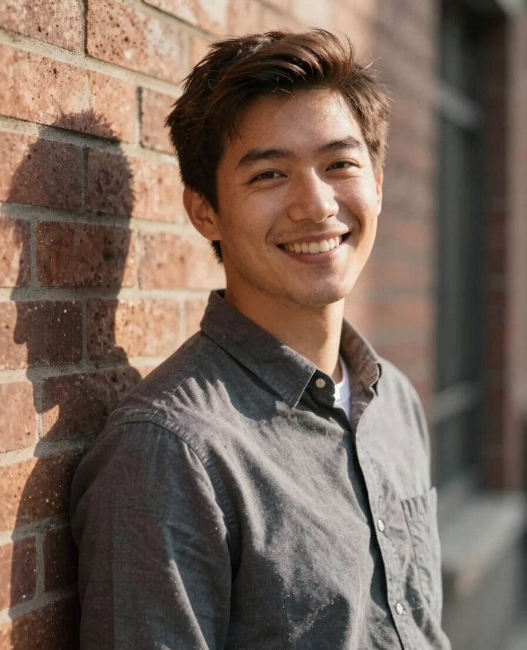 A warm, sun-drenched portrait of a friendly software developer smiling genuinely at the camera, leaning against a brick wall. Cinematic lighting, highlighting human connection and approachable tech expertise. Palette includes #D1A689 and #3A3B3C.