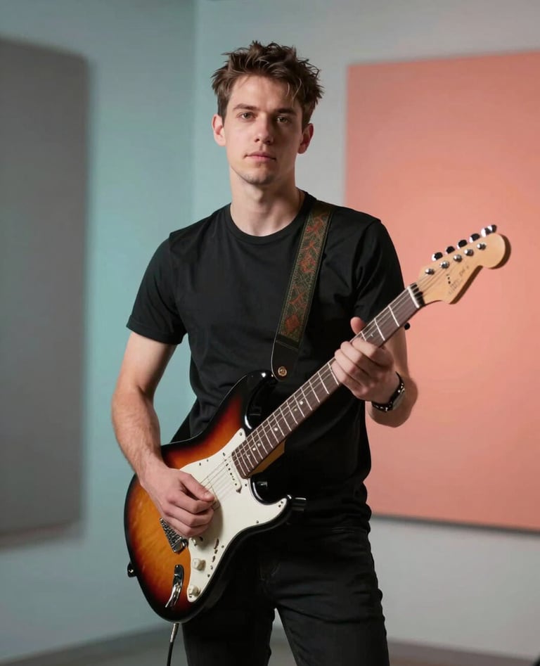 A professional portrait of a solo musician holding an electric guitar in a modern International / English-speaking studio. The lighting is bright and energetic with soft teal shadows and a vibrant coral backlight.