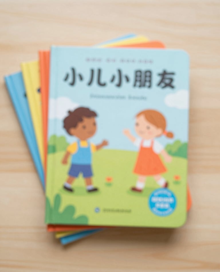 An overhead, flat-lay photograph of several colorful children's picture books stacked neatly on a light wood background. The palette is bright and inviting, featuring primary colors softened by #7A9E9F and #D4B281 accents.