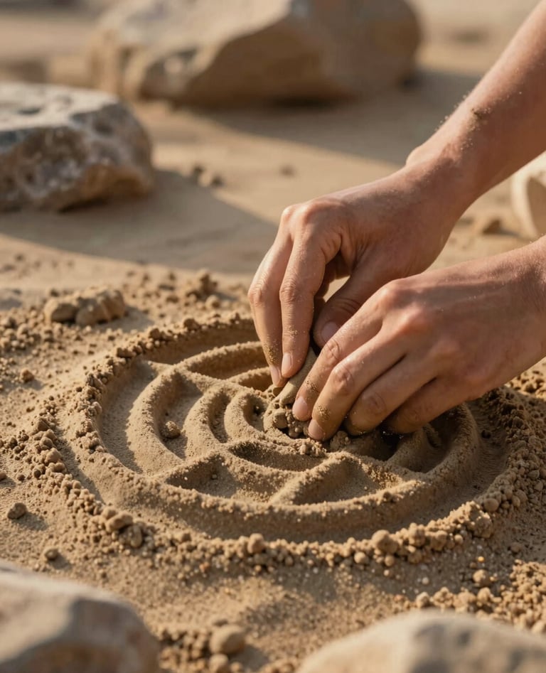 A candid, close-up photograph of a pair of hands gently sculpting wet Soft Sand into an intricate geometric pattern. The lighting is the warm, golden glow of a late afternoon sun, with Muted Tan rocks blurred in the background.