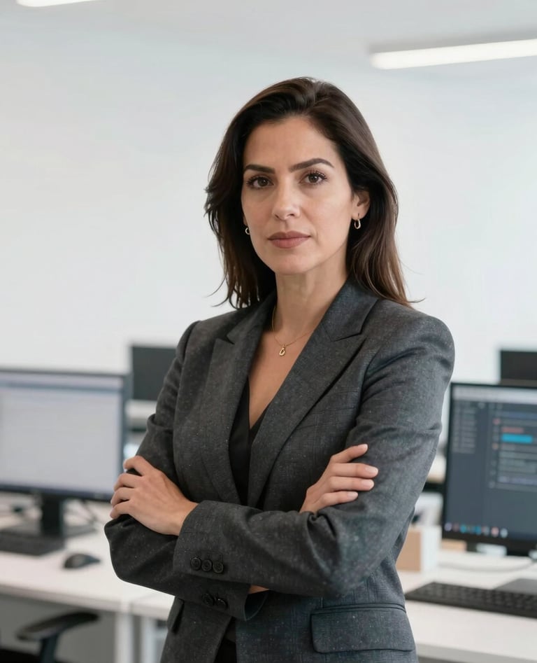A high-end professional portrait of a female Mexican computer systems engineer in her mid-30s, looking confidently at the camera in a bright, modern, minimalist workspace in Mexico City, dressed in a sleek charcoal blazer, with a bright white background, conveying authority, academic rigor, and digital rights leadership.