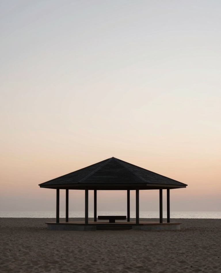 A wide-angle minimalist shot of a modern pavilion at dusk. The building is a silhouette against a soft sand colored horizon (#F9F7F2). The mood is profound and contemplative, emphasizing the architectural volume.