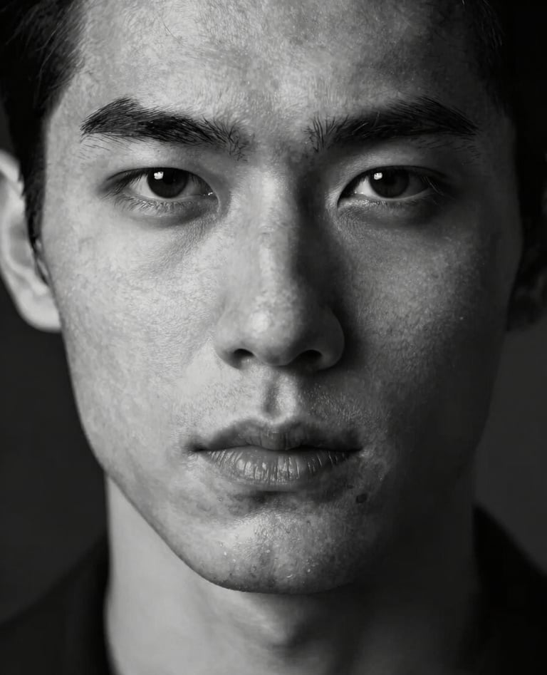 A cinematic close-up headshot of a male model with a strong jawline and intense gaze. Shot in black and white style with deep charcoal black shadows and soft off-white highlights on the skin.