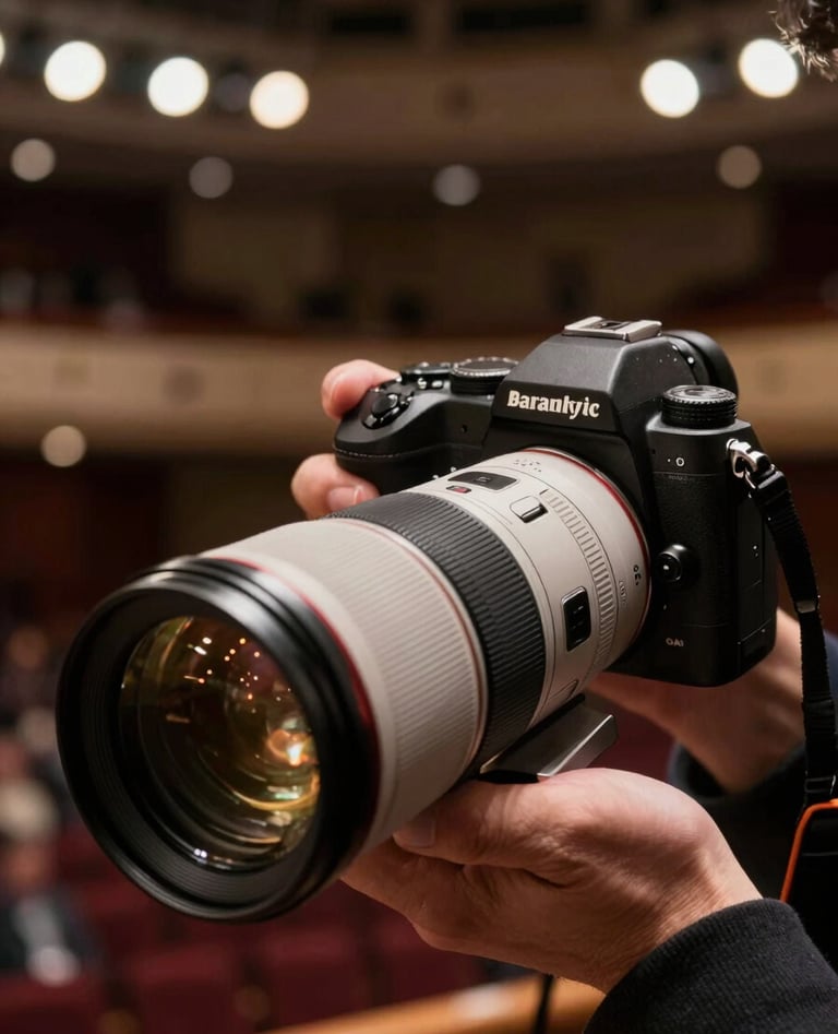 A close-up photograph of a professional camera with a telephoto lens, held by a photographer in a dark Western European concert venue, stage lights reflecting off the lens, elegant and artistic style.